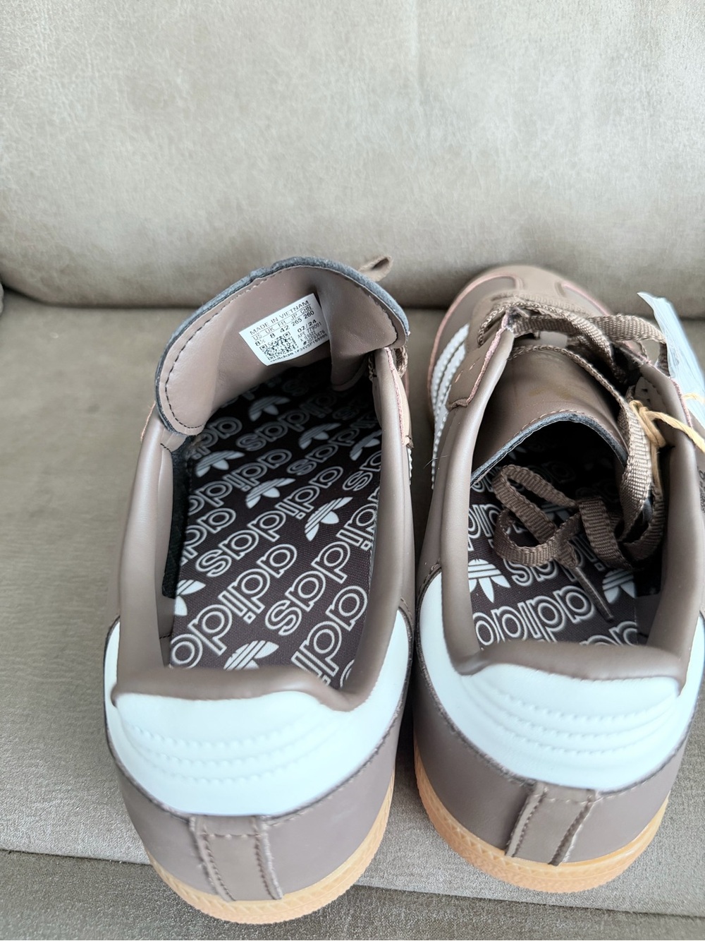 adidas Men’s Taupe Sneakers with White Stripes and Gum Sole - Picture 3 of 5